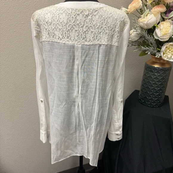 Democracy Cream Lace Yoke Button Front Blouse Top XL Boho Chic Lightweight - Picture 4 of 8